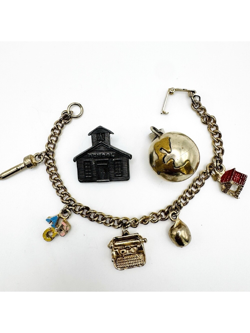 VTG Teacher Charm Bracelet Lot Typewriter, Schoolhouse Pin, Globe Chime Pendant